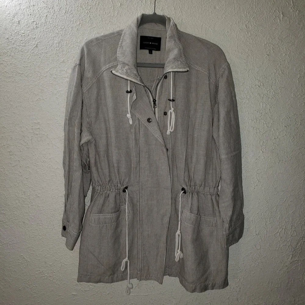 Lucky Brand Sz L Women's Linen Blend Striped Jacket Full Zip Waist Drawstring - Picture 1 of 12